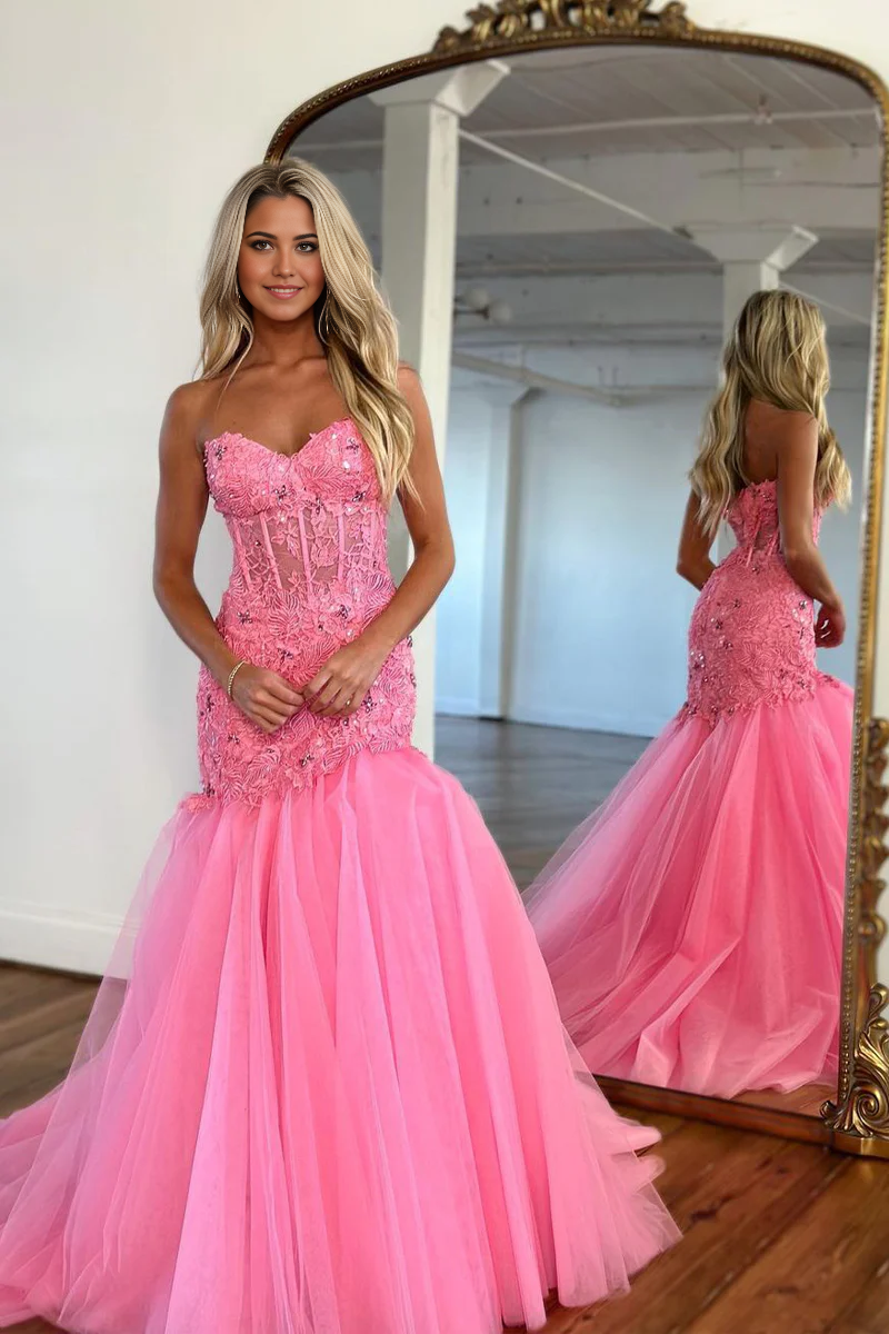 Mermaid Cute Strapless Pink Tulle Prom Dress with Appliques